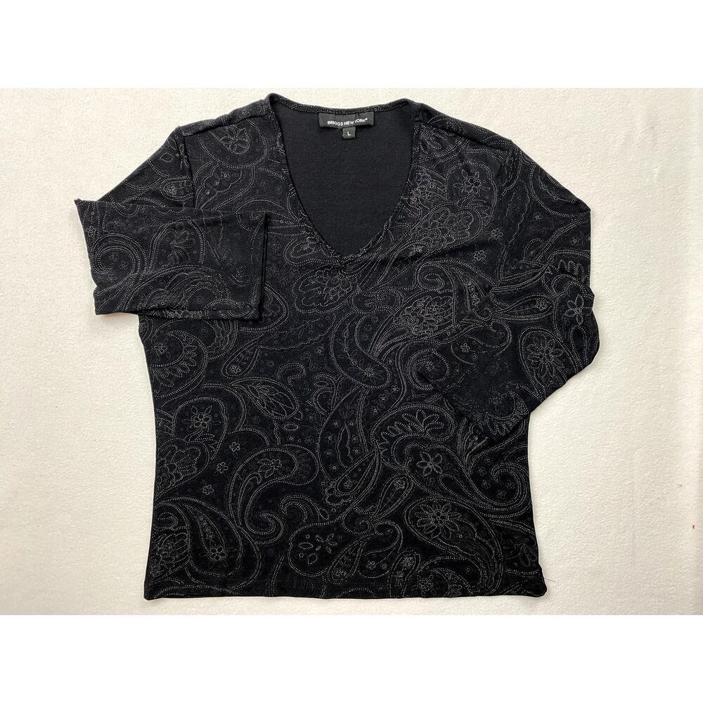 Briggs New York Womens L Black Silver Paisley Top Short Sleeve V Neck Stretch